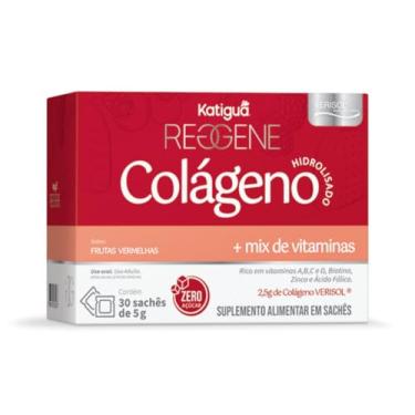 Imagem de Katiguá, Colágeno Hidrolisado 2,5 g, Solúvel Verisol, Com vitamina A, B, C e D, Biotina, Zinco, Ácido Fólico, Sabor frutas vermelhas, Zero açúcar, 30 Sachês, 5g