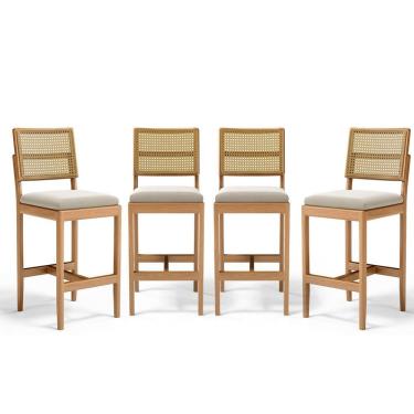 Imagem de Kit Com 4 Banqueta Milena Madeira Maciça Assento Estofado Encosto De Tela Palha Sextavada