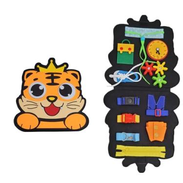 Imagem de Brinquedo Educativo Montessori, Painel de Atividades Sensoriais com Zíper e Fivelas, 58x29cm, Tema Dinossauro e Tigre, para Crianças Acima de 3 Anos (Tigre)