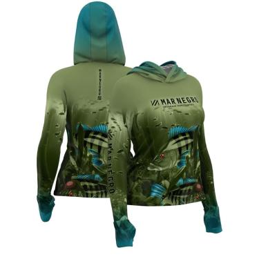 Imagem de Camiseta para pesca feminina manga longa com capuz Mar Negro X Protection Tucuna Family com proteção UV50+