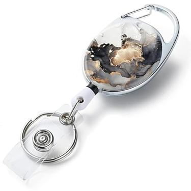 Imagem de 1 pacote de carretéis de crachá retráteis de dois lados com chaveiro e clipe retráteis, corda de nylon durável, mármore de lavagem com tinta