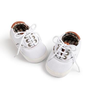Imagem de Tênis de lona para bebês meninos e meninas recém-nascidos antiderrapante sola macia Frist Walking sapatos respiráveis para crianças pequenas, A01 Branco, 12-18 Months Toddler