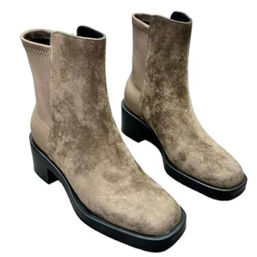 Imagem de Archicolor Botas Chelsea de couro genuíno para outono e inverno inglês, botas de salto alto, solas grossas, botas femininas minimalistas, sapatos femininos, Caqui, 38