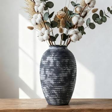 Imagem de Lvases Vaso de cerâmica rústico Farmhouse, 27 cm, cinza-branco, texturizado, moderno, em terracota, vasos vintage para decoração de casa, mesa de café, prateleira decorativa (alto - B)