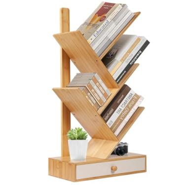 Imagem de PERFECYEE Estante de árvore de 4 camadas com gaveta, estante pequena, estante de mesa para sala de estar, quarto, natural