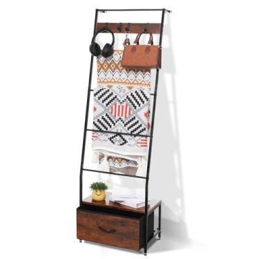 Imagem de Escada de cobertor de metal com gaveta de armazenamento de tecido, suporte rústico de 5 camadas com ganchos para sala de estar, quarto, decoração de casa de fazenda – Prateleira de escada inclinada de