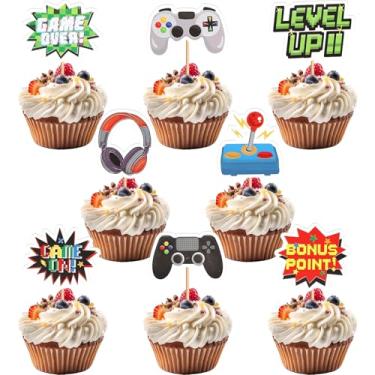 Imagem de 40PCS Video Game Cupcake Toppers, Level Up Cake Toppers for Boys Gamer Birthday Party, Game On Theme Dessert Picks Video Game Party Supplies & Decorations