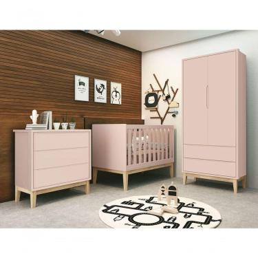 Imagem de Jogo De Quarto Para Bebê Completo 2 Portas Classic New Rosa Fosco Com Natural - Moveisaqui