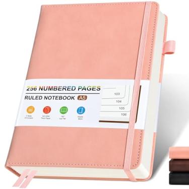 Imagem de Caderno de couro forrado para mulheres e homens, diários de capa dura com 256 páginas numeradas, cadernos de diário A5 para escrever, papel pautado grosso de 100 g/m2 para escola de trabalho de