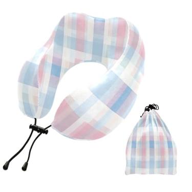 Imagem de CEBUGI Travesseiros de viagem portáteis em forma de U, travesseiro de pescoço de espuma viscoelástica com trava de corda ajustável para avião, viagem, trem, negócios, escritório, cochilo (tabuleiro de