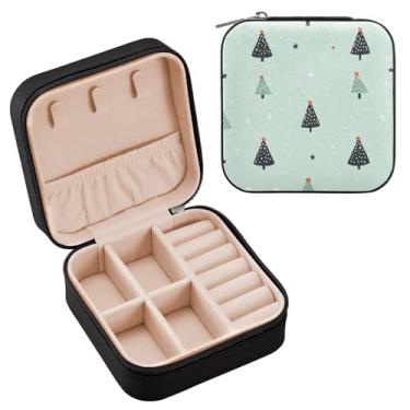 Imagem de Wassud Caixa de joias de viagem com estrela de árvore de Natal para mulheres, meninas, senhoras, noiva, mini organizador de joias de couro PU, caixa quadrada de armazenamento de joias para brincos