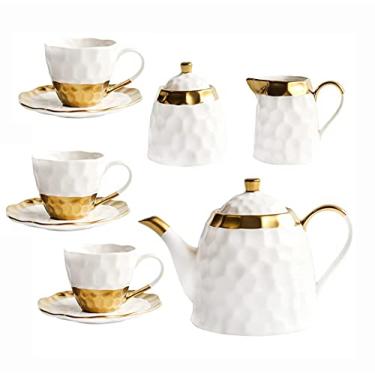 Imagem de LMJYU Conjunto de chá de porcelana estilo tribunal para adultos, xícara e pires, conjunto de xícaras de café vintage com açucareiro e jarro de leite, serviço de chá de casamento