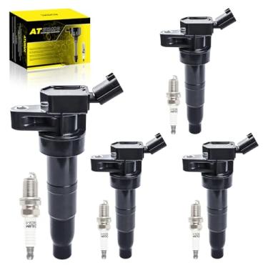 Imagem de ATURMC Conjunto de 4 bobinas de ignição UF611 e vela de ignição irídio compatível com Hyundai Equus Genesis Sonata Tucson Kia Borrego K900 Optima Sorento V8 2.4L 4.6L 5.0L L4 substitui OEM # 5C1724