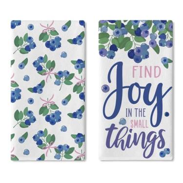 Imagem de Croar Conjunto de 2 panos de prato de cozinha de mirtilo, encontre alegria nas pequenas coisas toalha de mão de secagem inspiradora pano de cozimento, laço coquete rosa primavera verão banheiro