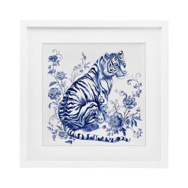 Imagem de Stupell Industries Impressão emoldurada branca de tigre floral ornamentado tradicional sob vidro, design por Lettered and Lined, 13 x 13