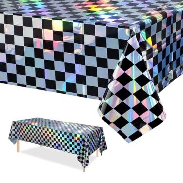Imagem de ORNALES Pacote com 3 toalhas de mesa xadrez pretas vibrantes, toalhas de mesa de plástico descartáveis holográficas brilhantes, 137 cm x 272 cm, adequadas para piqueniques, festas de aniversário