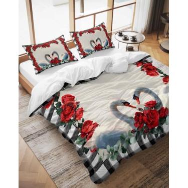 Imagem de Conjunto de capa de edredom California King Size Red Rose Swan Conjunto de 3 peças, xadrez preto, folhas de eucalipto, conjunto de cama com fecho de zíper e 2 fronhas, capas de cama macias para quarto