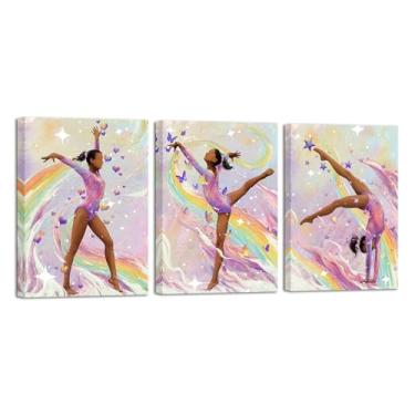 Imagem de Biuteawal 3 peças de arte de parede de ginástica para quarto de meninas, abstrato, exercício, dança, ginasta, pintura, imagem, silhueta esportiva, para sala de treinamento, decoração de academia