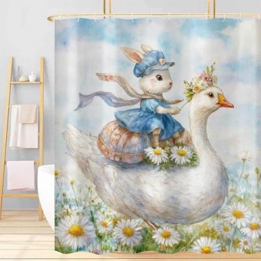 Imagem de Dizifinn Cortina de chuveiro de primavera de Páscoa, lindo coelhinho de pato floral margarida decoração de banheira, conjunto de cortina de chuveiro de tecido azul claro com ganchos, 183 x 182 cm