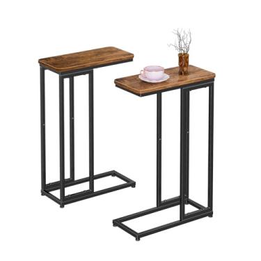Imagem de Simple Trending Mesa lateral em forma de C, conjunto de 2 mesas, mesa de sofá, mesa de sofá, bandeja de TV para sala de estar, espaço pequeno, marrom rústico