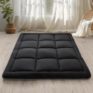 Imagem de WhatsBedding Colchão japonês futon colchão de 7,6 cm preto tatami tapete de dormir preenchido com espuma de memória, dobrável e portátil, espreguiçadeira dobrável e portátil, cama de acampamento para