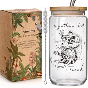 Imagem de Enanaimg Opossum Copo de vidro com tampa e canudos de desenho animado de guaxinim de 473 ml, presentes para mulheres, melhor amiga - Together In Trash, presentes engraçados de aniversário de guaxinim