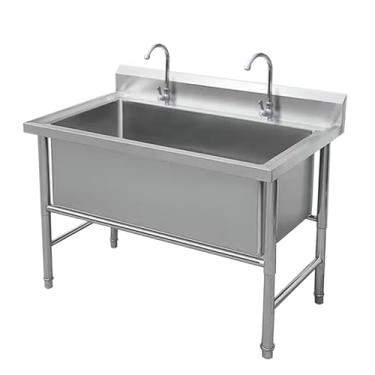 Imagem de Conjunto de pia de cozinha de restaurante comercial, pia de aço inoxidável independente com kit de torneira e drenagem, pia industrial de cozinha, para garagem, restaurante, cozinha, lavanderia (100