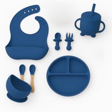 Imagem de Kit Introdução Alimentar Bebê 8 Peças – Prato, Bowl, Babador, Copo com Tampa e Canudo, Talheres de Silicone Atóxico Premium – Antiderrapante, Sem Pontas para Alimentos Quentes e Frios - Azul Escuro