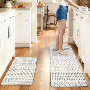 Imagem de Nmxomug Conjunto de 2 tapetes de cozinha antifadiga, tapetes de cozinha boho para chão, decoração de cozinha boho, tapete de espuma antiderrapante e antifadiga, tapete de pia de 43 x 76 cm + tapete de