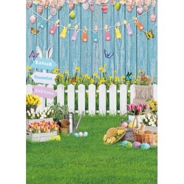 Imagem de Pano de fundo para fotografia de primavera, Páscoa, 1,7 x 1,8 m, azul, madeira, gramado, ovos coloridos, coelhinho, Páscoa, chá de bebê, decoração de festa de aniversário, retrato, sessão de fotos