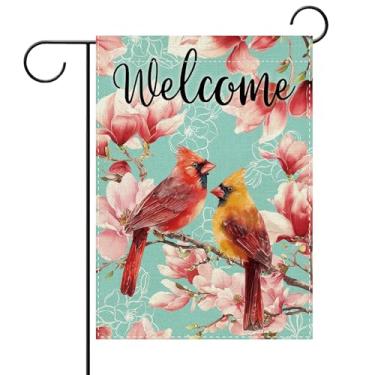 Imagem de Terkki Welcome Spring Summer Cardinal Floral Decorative Garden Flag, Red Birds Pink Magnolia Flower Small Yard Outside Decorations, Farmhouse Burlap Outdoor Home Decor Dupla Face 12 x 18