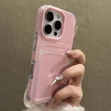 Imagem de Capa para celular com porta-cartões para iPhone 16, 15, 14, 13, 12 Pro Max e 11, na cor rosa. Capa protetora transparente e macia, estilo carteira, resistente a impactos, para iPhone 13 Pro.