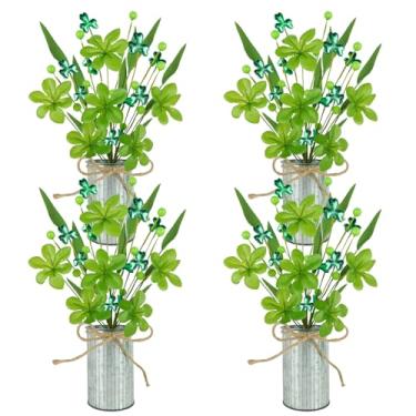 Imagem de Prashent 4 peças de decoração de Dia de São Patrício caules artificiais de frutas silvestres em vaso 30 cm trevo verde ramos florais com vaso de metal, galhos florais para festa em casa mesa de centro