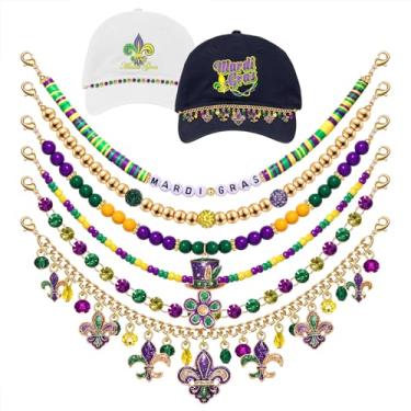 Imagem de 6 peças de correntes de chapéu de caminhoneiro, contas de carnaval, pingentes de chapéu para mulheres e homens, chapéu de carnaval flor flor de lis joias fazendo correntes roxo verde ouro contas