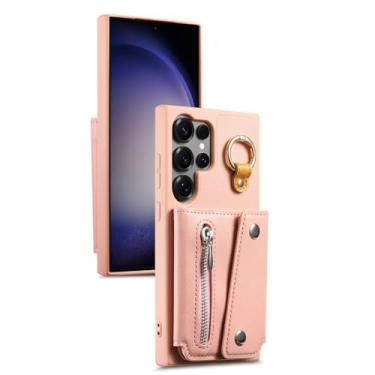 Imagem de Capa de couro para Samsung Galaxy S25/S25 Plus/S25 Ultra, capa carteira com compartimento para cartão com zíper, função de suporte, anel de dedo capa protetora