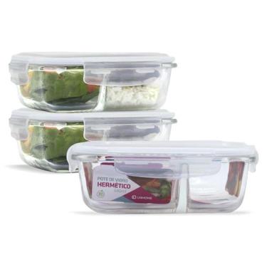 Imagem de Kit 3 Potes Herméticos Vidro Com Divisória 640ml Marmita - U4home, Bra