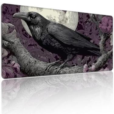 Imagem de Tapete de mouse para jogos XXL, design gótico de lua corvo com floral roxo, 90 x 40 cm, base de borracha antiderrapante, superfície à prova d'água, um acessório de teclado e mouse adequado para jogos