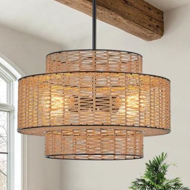 Imagem de YOMECOO Boho 45 cm Lustre de vime de 4 luzes para casa de fazenda lustre de bambu tecido à mão lustre vintage de vime preto lustres para sala de jantar, quarto, cozinha, sala de estar