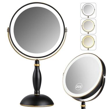 Imagem de Espelho de maquiagem iluminado, espelho de maquiagem com ampliação de 20x recarregável, 3 luzes coloridas com brilho ajustável, preto fosco com acabamento dourado, toque lateral estilo moderno + carga