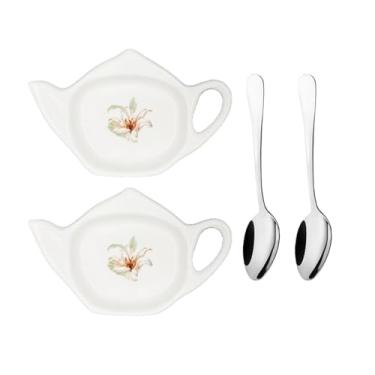 Imagem de Conjunto de 2 suportes para saquinhos de chá de cerâmica, porta-copos usados, pratos de saquinho de chá em forma de bule com colher, 12 x 7 cm