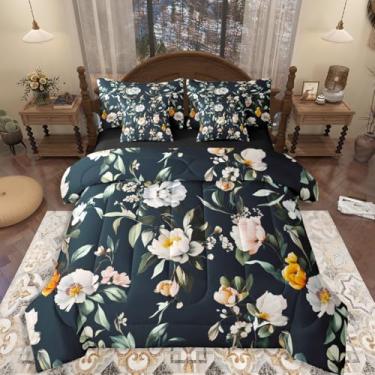 Imagem de Erosebridal Conjunto de edredom floral preto, tamanho Queen, vintage, para crianças e adultos, edredom e lençol com flores coloridas, 7 peças, decoração estética de quarto