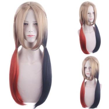 Imagem de Peruca de cosplay loira vermelha e preta com rabo de cavalo longo 50cm