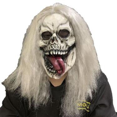 Imagem de Máscara de caveira assustadora com língua, cabelo prateado, cosplay fa