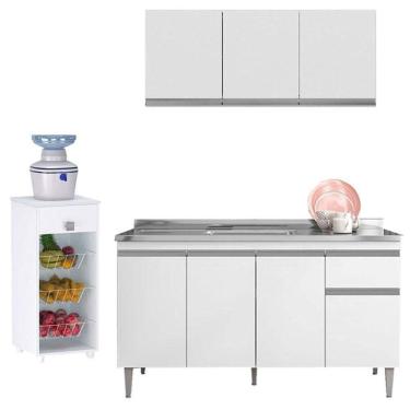 Imagem de Balcão De Pia Tatiane 145 Cm E Armário Aéreo Andréia 3 Portas 120 Cm Com Fruteira Monalise Branco Brilho - Ajl