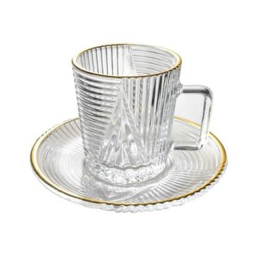 Imagem de Jogo de 6 xícaras e pires de vidro com borda dourada imperial 90ml - A