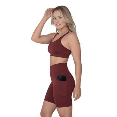 Imagem de Bermuda Fitness Feminina Com Bolsos Laterais Para Celular Cor:VinhoTam