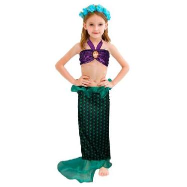 Imagem de Fantasia Infantil Ariel Disney com Calda e Top de Sereia, P - 4, Verde