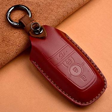 Imagem de YJADHU Porta-chaves em couro para carro com controle remoto inteligente porta-chaves da tampa do porta-chaves, adequado para Ford Mustang 2018 EcoSport, 4 botões vermelhos