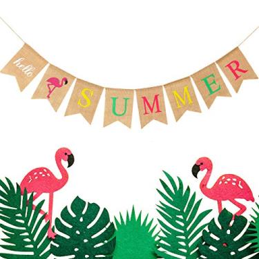 Imagem de Hello Summer Banner de juta rústica de verão com estampa de flamingo, decoração de bandeira de verão para festa na piscina, festa na praia, festa de churrasco (conjunto de cores 1)