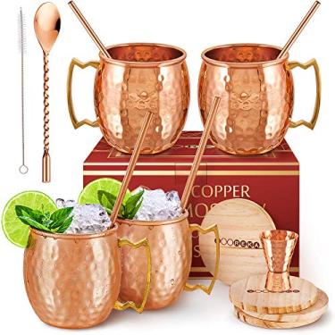 Imagem de Yooreka [Conjunto de presente] Moscow Mule Canecas Conjunto de 4 473 ml Puro Sólido Genuíno , Feito à Mão, Copos de Cobre, Bônus, Canudos, Porta-copos de madeira, Colher Mexedora, Escova de limpeza e Jigger